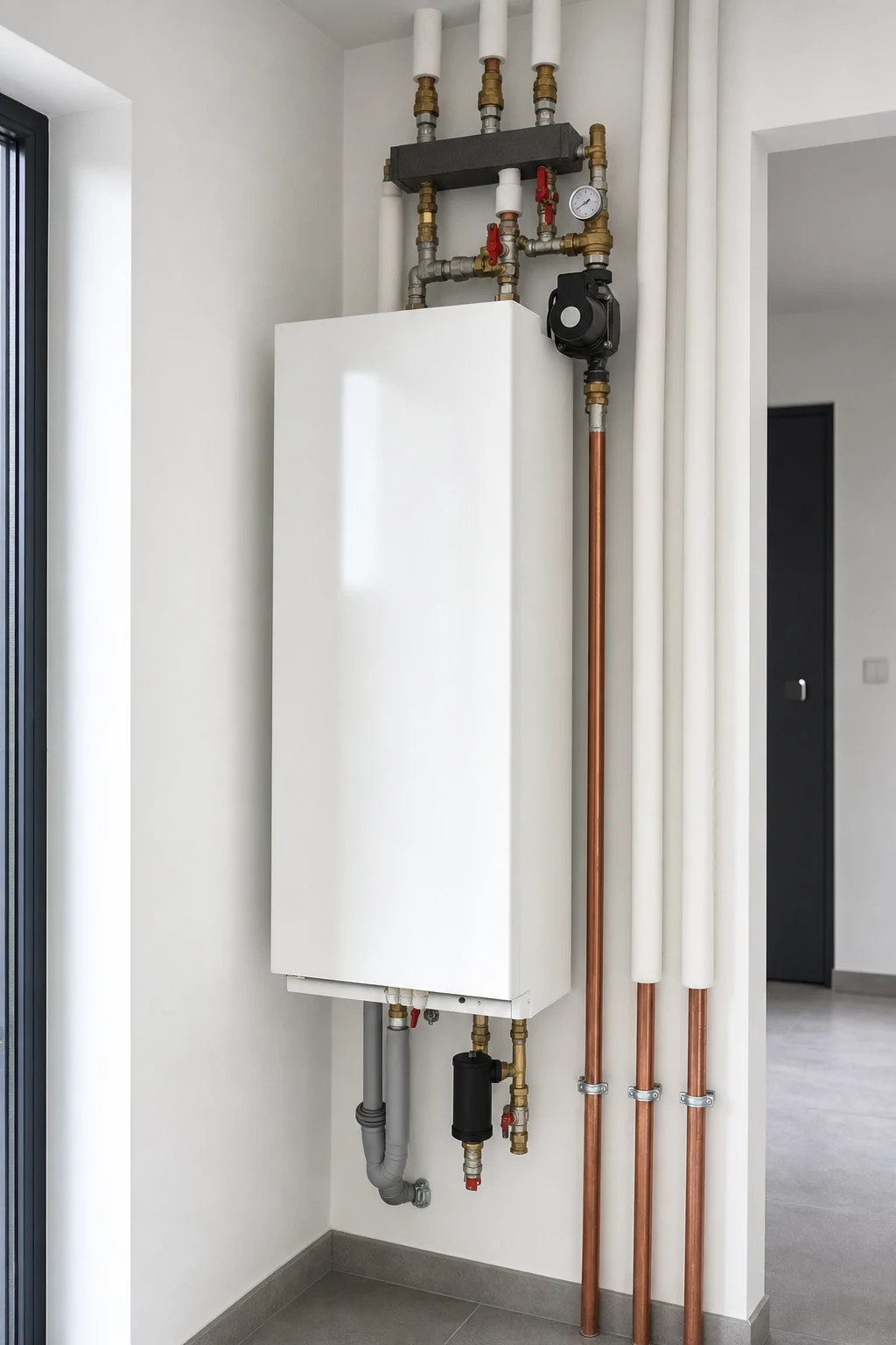 Moduł hydrauliczny pompy ciepła powietrze-woda z rozdzielaczem w pomieszczeniu technicznym