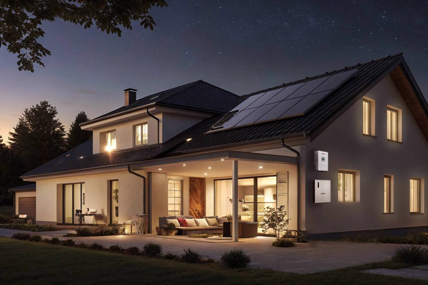 Falownik i magazyn energii EENOVANCE zamontowane na ścianie domu jednorodzinnego o zmierzchu — grafika producenta