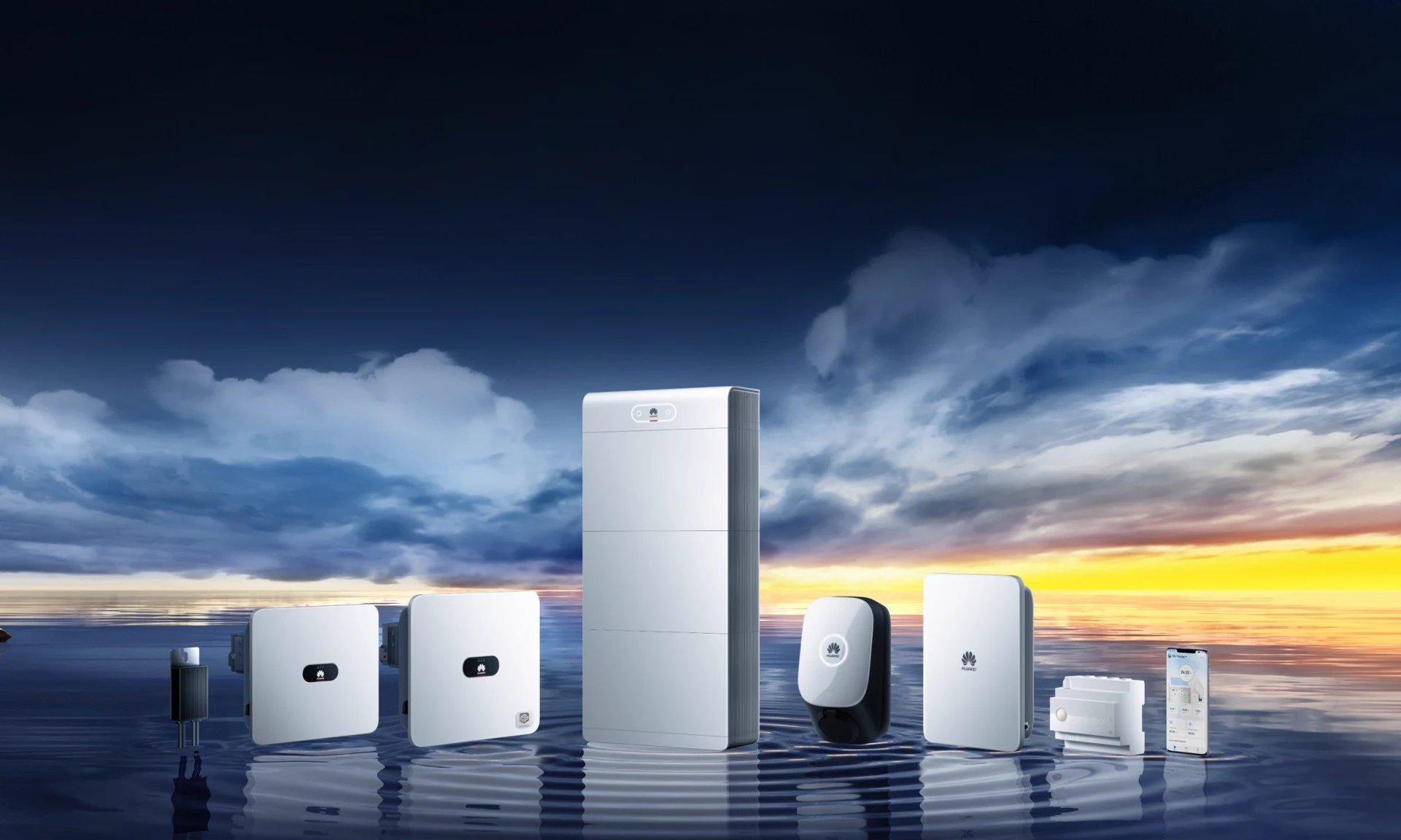 Magazyn energii Huawei LUNA2000 wraz z falownikami Huawei SUN2000 i akcesoriami — grafika producenta