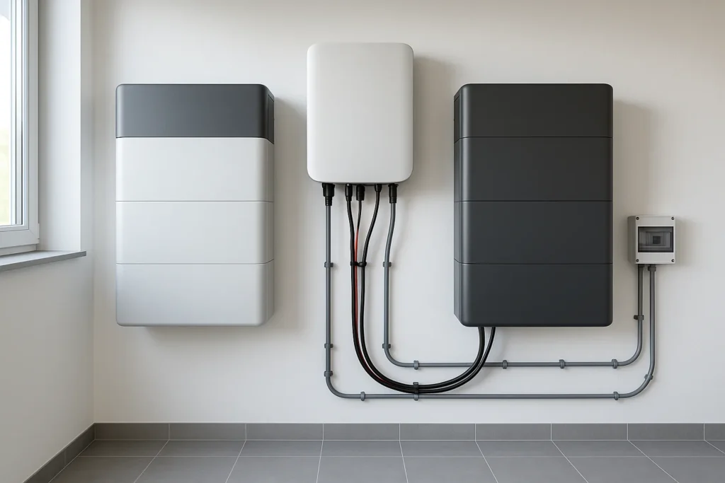 Ilustracja poglądowa: dwa naścienne magazyny energii z falownikiem hybrydowym w pomieszczeniu technicznym