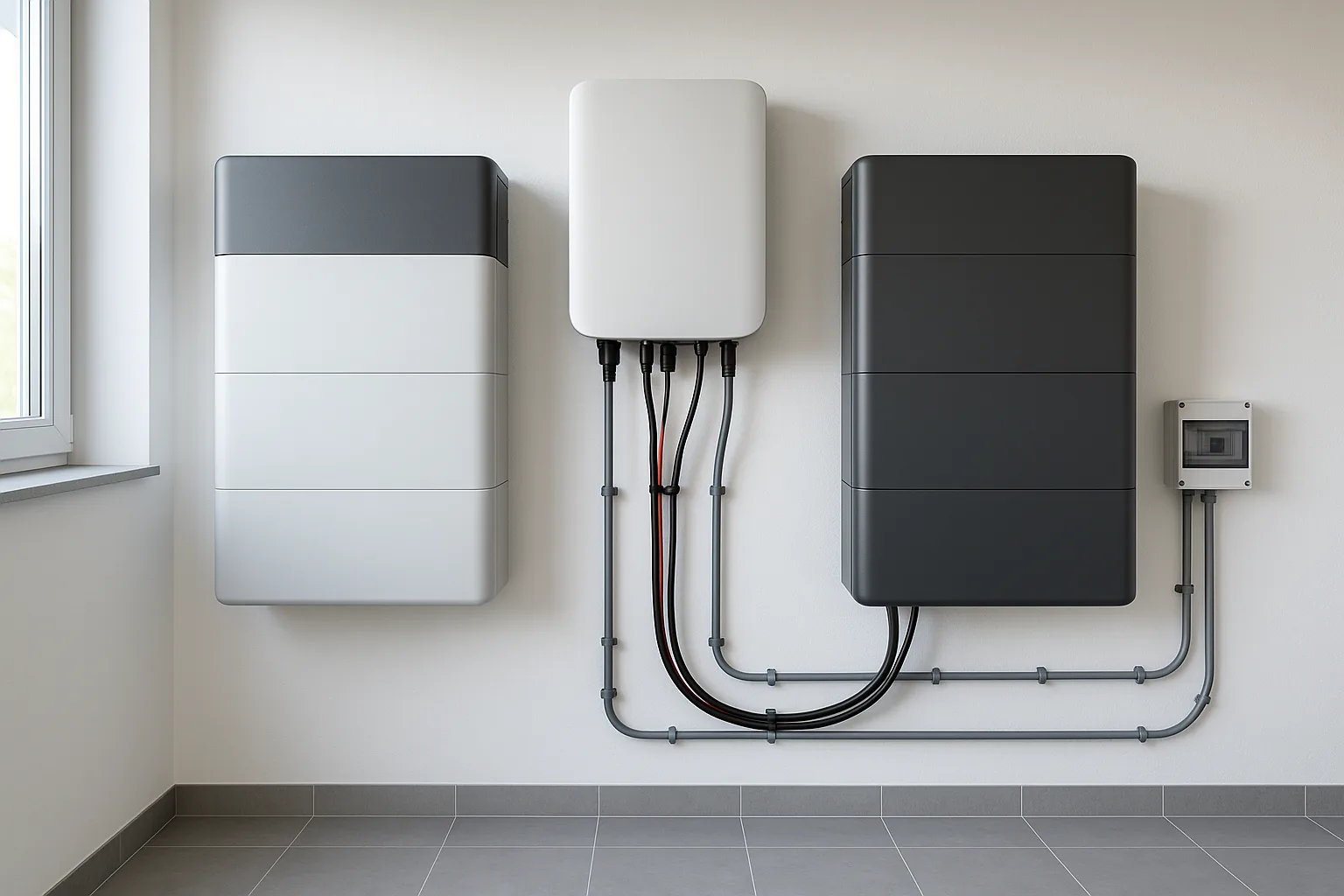 Ilustracja poglądowa: dwa naścienne magazyny energii z falownikiem hybrydowym w pomieszczeniu technicznym