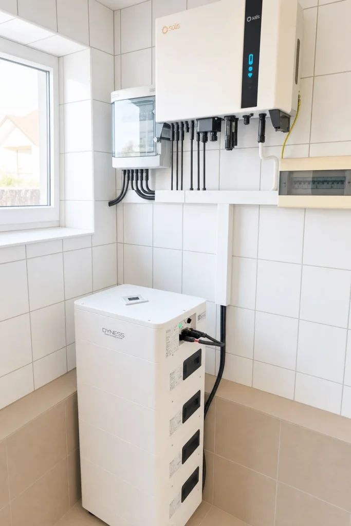 Magazyn energii Dyness z falownikiem Solis na ścianie z płytek