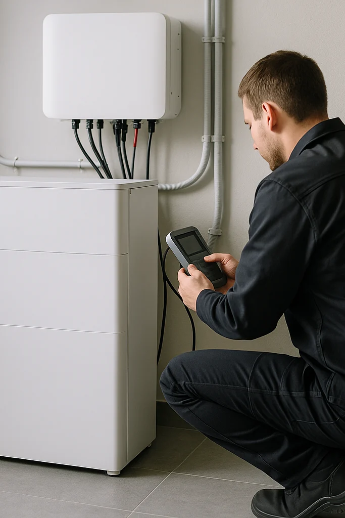 Technik sprawdza miernikiem instalację przy magazynie energii i falowniku